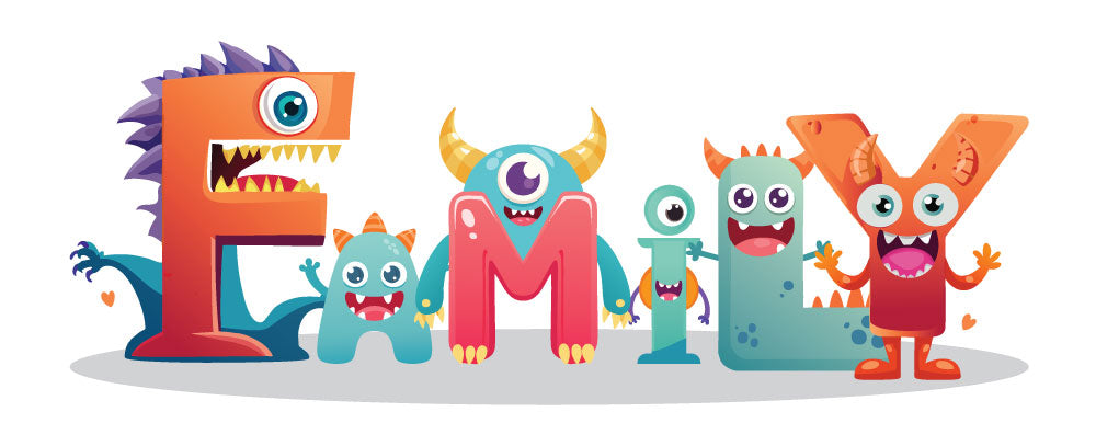 Colorful cartoon monsters spelling out the word 'Family' on a white background.